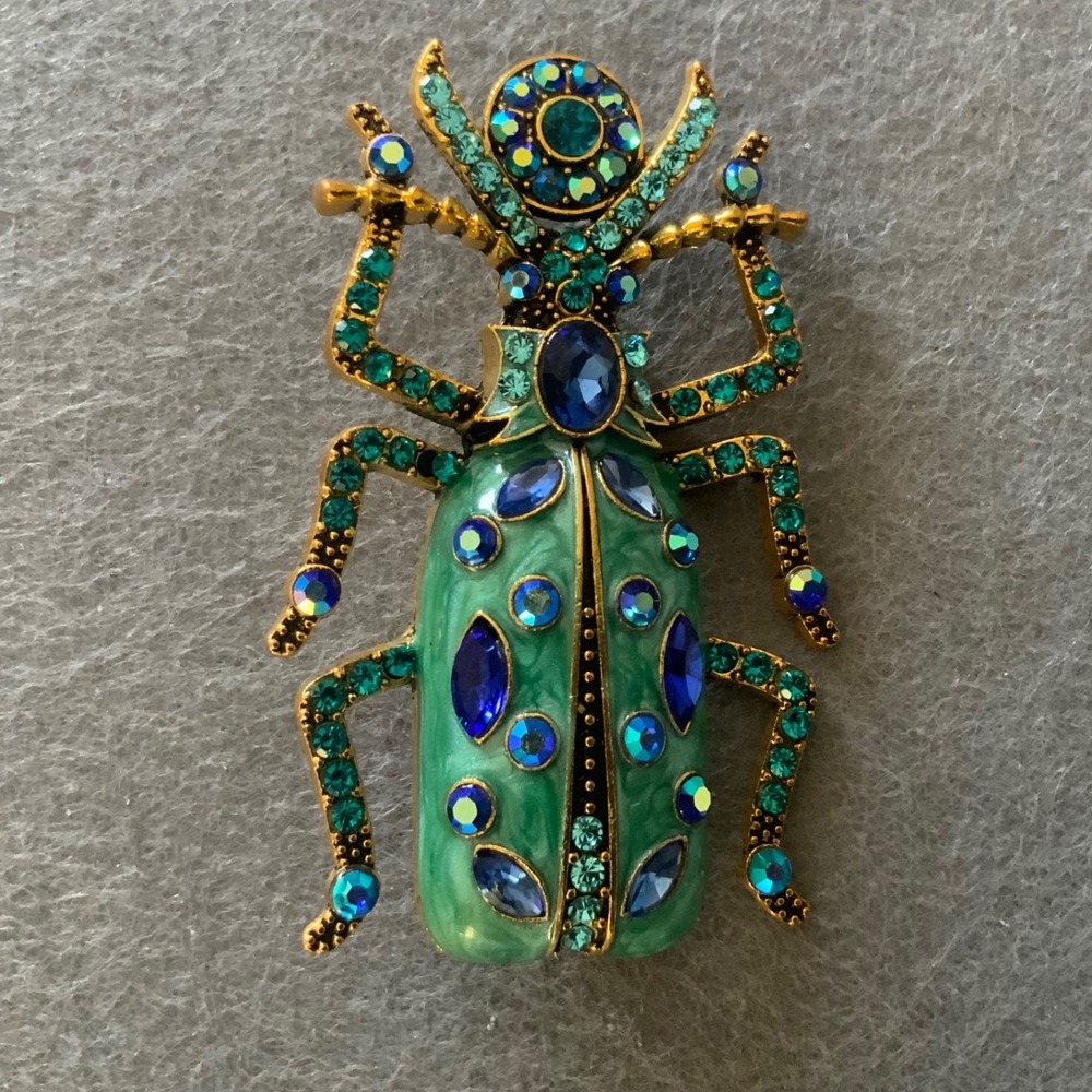 Vintage Style Rhinestone Green Enamel Beetle Insect Bug Brooch Pin